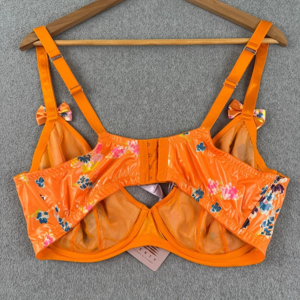 Savage X Fenty Bra Womens 38H Orange Floral Unlined Underwire Bows Lingerie